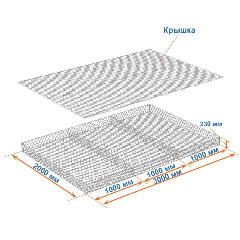 Габион матрац ГСИ-М 3х2х0,23 оцинкованный, Ø проволоки 2,7 мм, размер ячейки 6х8 см фото