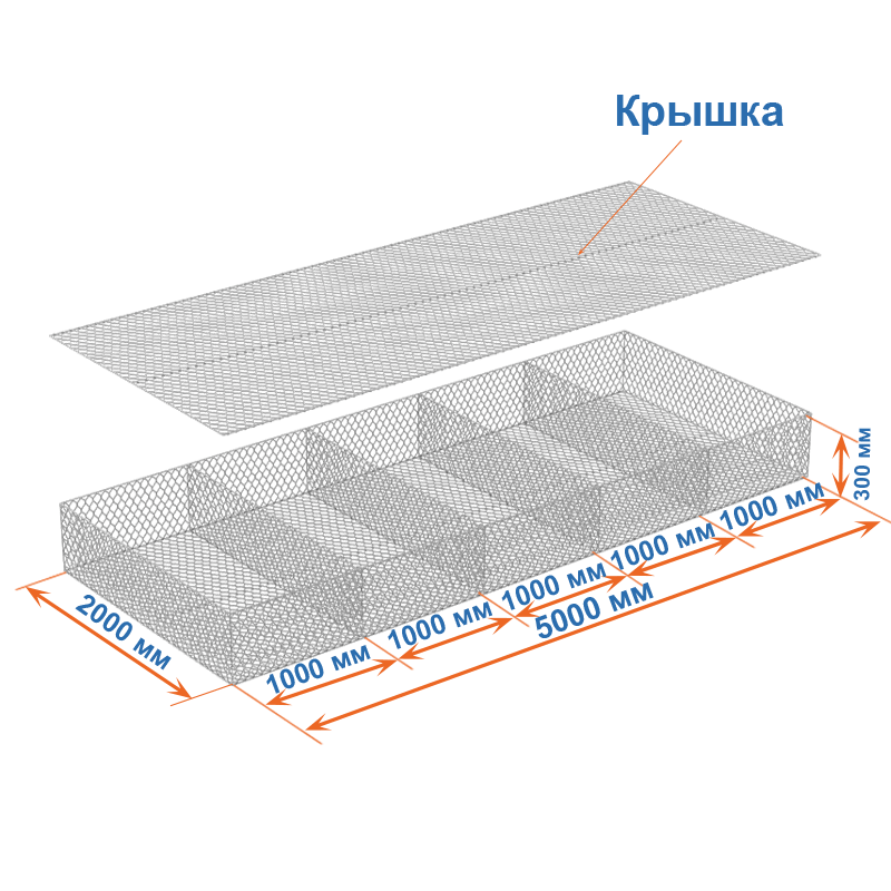 Габион матрац ГСИ-М 5х2х0,3 оцинкованный, Ø проволоки 2,7 мм, размер ячейки 8х10 см фото